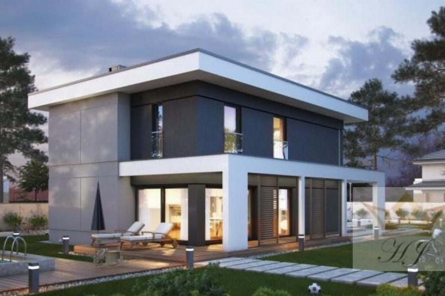 Haus Orlando - Hausansicht von links mit Flachdach in moderner Ausführung in grau_Visualisierung