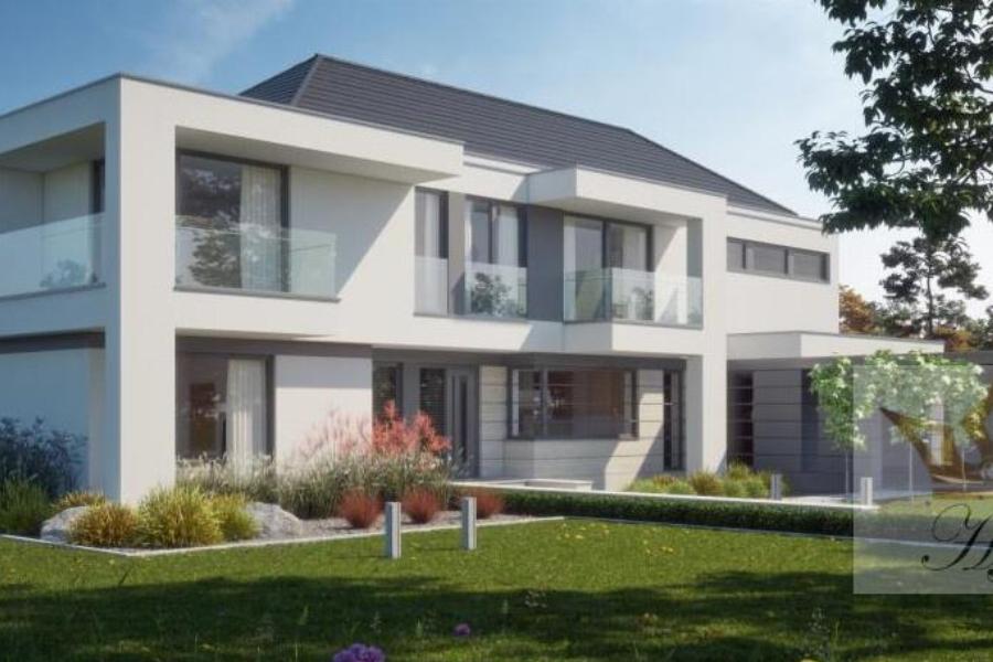 Haus Monaco - Hausfrontansicht von links mit Flach- und Walmdach bei Tage_Visualisierung