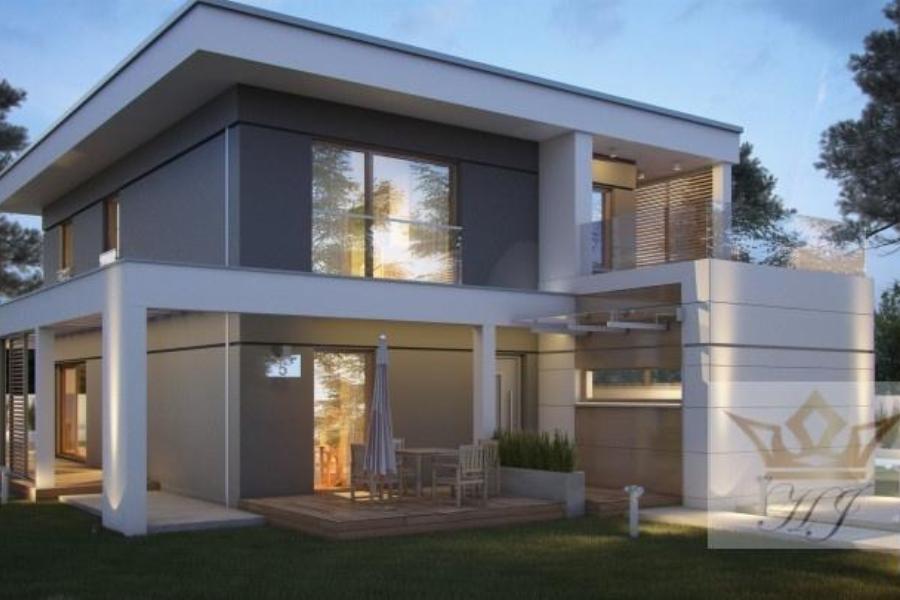 Haus Orlando - Hausansicht von links am Abend mit Flachdach_Visualisierung