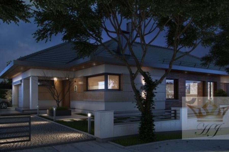 Haus Miami - Hausansicht mit Garage links abends_Visualisierung