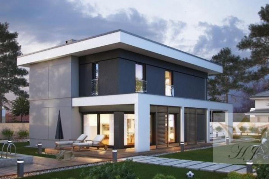 Haus Orlando - Hausansicht von links mit Flachdach in moderner Ausführung in grau_Visualisierung