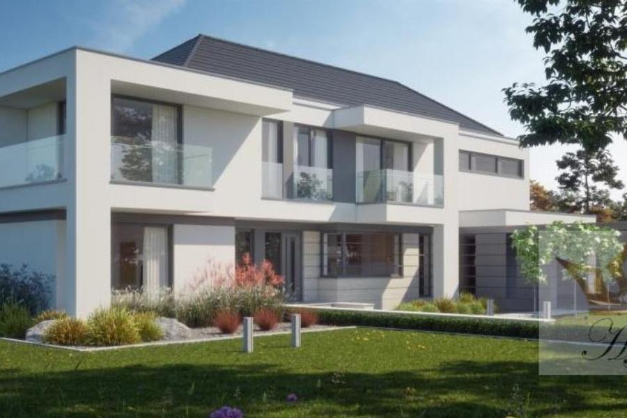 Haus Monaco - Hausfrontansicht von links mit Flach- und Walmdach bei Tage_Visualisierung
