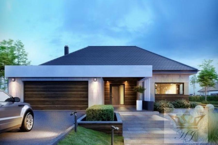 Haus Davos - Hauseingang mit Garage links abends_Visualisierung