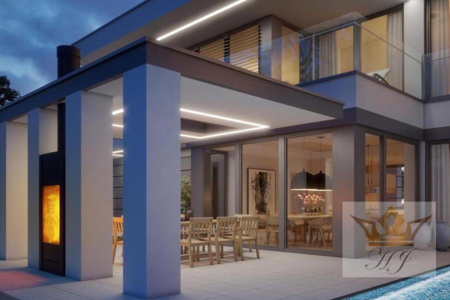 Haus Monaco - Überdachte Terrasse mit Kamin und angrenzendem Swimmingpool_Visualisierung