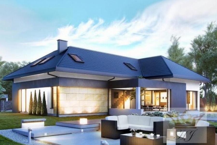 Haus Florida - Rückwärtige Haus- und Gartenansicht mit großzügiger Terrasse_Visualisierung