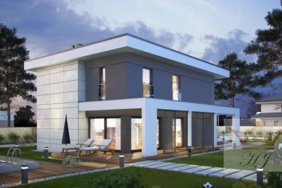 Haus Orlando - Hausansicht von links mit Flachdach in moderner Ausführung in weiß_Visualisierung