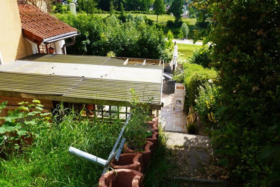 Blick auf Treppenabgang aus dem Garten