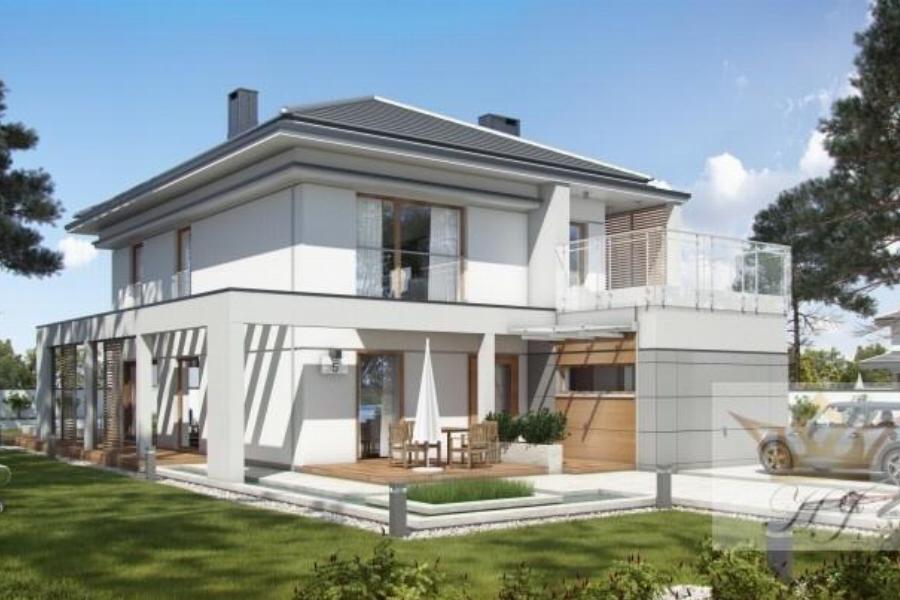 Haus Orlando - Hausansicht von links bei Tag mit Walmdach_Visualisierung